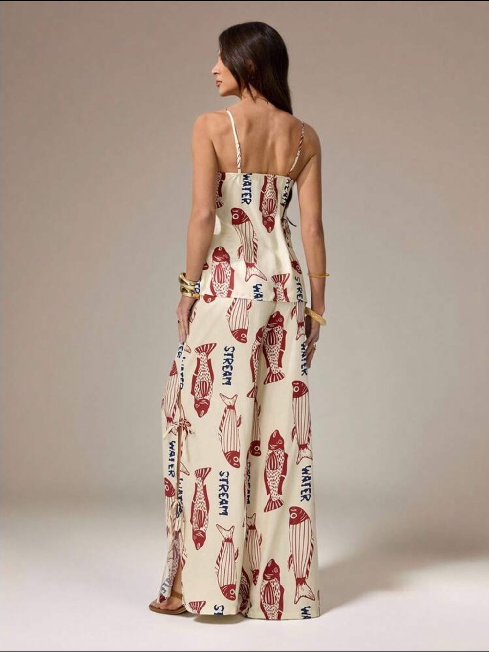 Women’s Cream Wide-Leg Fish Print Jumpsuit Set - Blue Print - Picture 3 of 8